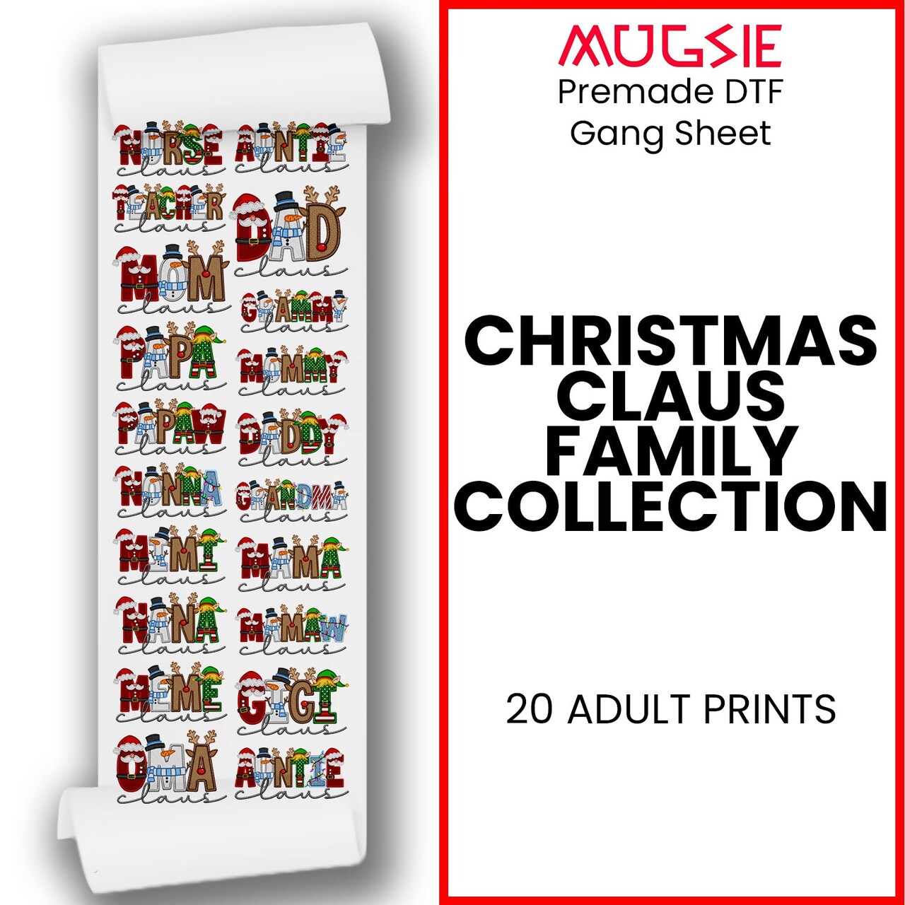 Christmas Claus Family Collection - DTF Transfer 22x60 Direct-to-Film Gang Sheets - 20 Adult Prints Iron On Transfers